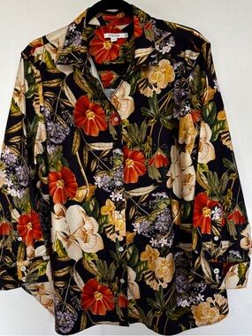 Chico's 3.5 Hawaiian Tropical Floral Print 3/4 Sleeves Curved Hem Flattering Cut